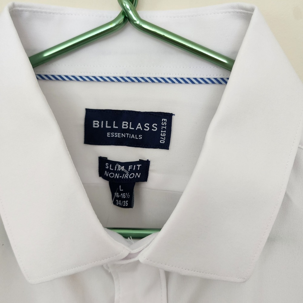 ☘️ Bill Blass Essentials Mens Slim Fit Non-Iron Traveler Shirt White L 16-16.5 - Picture 2 of 7